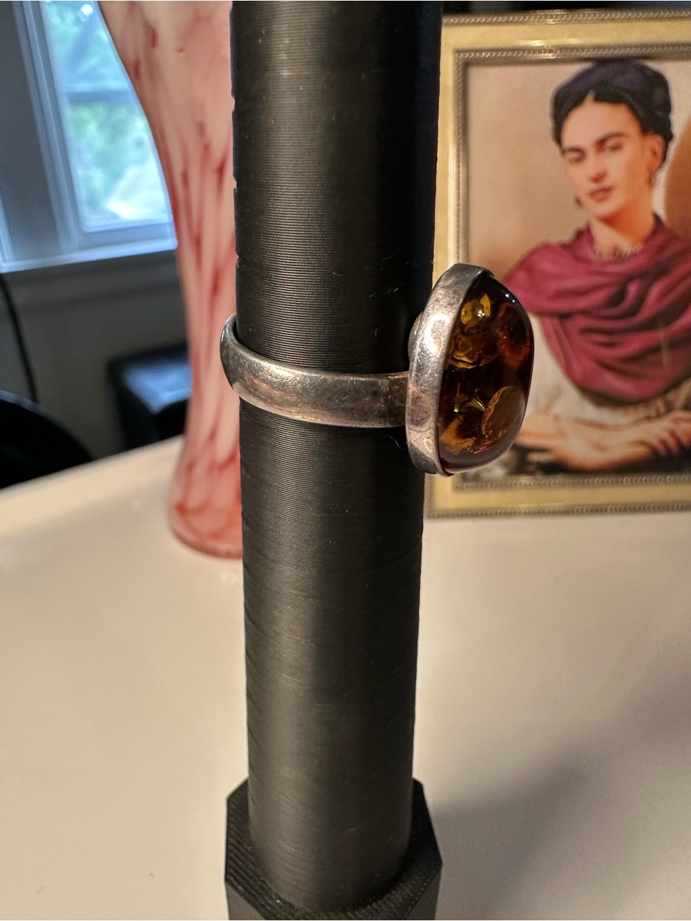 Vintage Sterling Silver Baltic Amber Cabochon Ring Adjustable Size 7.5 - Picture 7 of 11